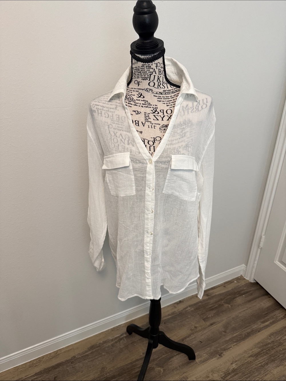 New York & Company White Semi-Sheer Button-Down Shirt